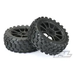Badlands MX M2 (Medium) All Terrain 1:8 Buggy Tires Mounted on Mach 10 Black Wheels (2) for Front or Rear (PRO906721)