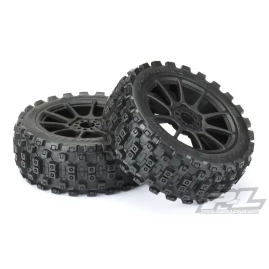 Badlands MX M2 (Medium) All Terrain 1:8 Buggy Tires Mounted on Mach 10 Black Wheels (2) for Front or Rear (PRO906721)