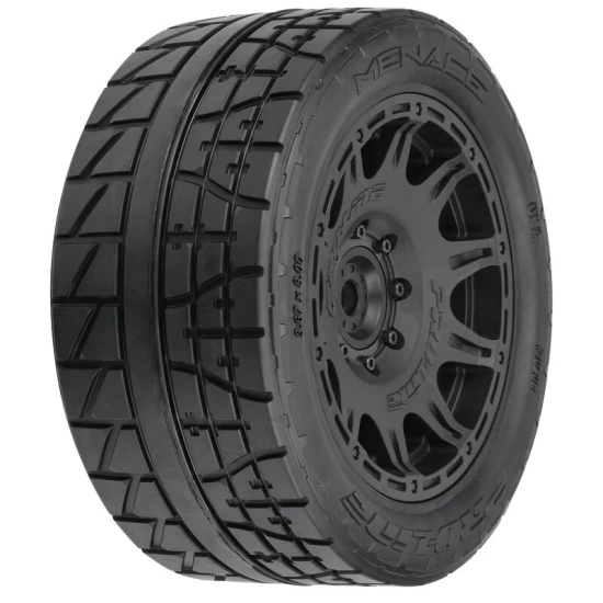 Proline Menace HP 5.7” Street BELTED Tires Mounted on Raid Black 8x48 Removable 24mm Hex Wheels (2) for X-MAXX, KRATON 8S & Other Large Vehicles Front or Rear