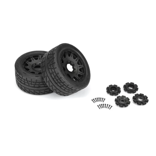 Proline Menace HP 5.7” Street BELTED Tires Mounted on Raid Black 8x48 Removable 24mm Hex Wheels (2) for X-MAXX, KRATON 8S & Other Large Vehicles Front or Rear