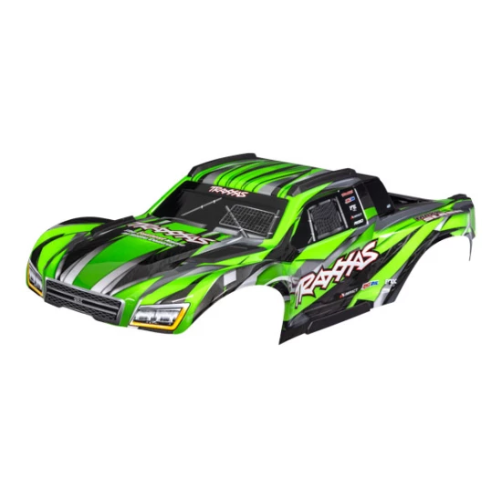 Body, Maxx Slash, green (painted)/ decal sheet (assembled with body support, body plastics, & latches for clipless mounting)