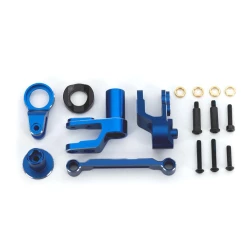 Steering bellcranks, draglink (blue-anodized 6061-T6 aluminum)/ bellcrank bushing (1)/ 3x20mm BCS (with threadlock) (2)/ 3x20mm BCS (with threadlock) (2)/ 3x20mm shoulder screws (with threadlock) (2)/ 3x15mm BCS (with threadlock) (1)/ 3x10mm CS (with thre
