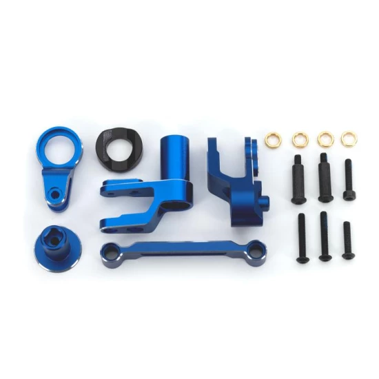 Steering bellcranks, draglink (blue-anodized 6061-T6 aluminum)/ bellcrank bushing (1)/ 3x20mm BCS (with threadlock) (2)/ 3x20mm BCS (with threadlock) (2)/ 3x20mm shoulder screws (with threadlock) (2)/ 3x15mm BCS (with threadlock) (1)/ 3x10mm CS (with thre