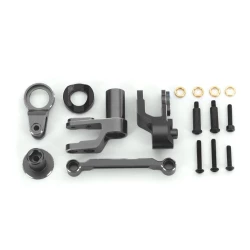 Steering bellcranks, draglink (gray-anodized 6061-T6 aluminum)/ bellcrank bushing (1)/ 3x20mm BCS (with threadlock) (2)/ 3x20mm BCS (with threadlock) (2)/ 3x20mm shoulder screws (with threadlock) (2)/ 3x15mm BCS (with threadlock) (1)/ 3x10mm CS (with thre