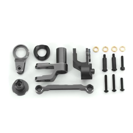 Steering bellcranks, draglink (gray-anodized 6061-T6 aluminum)/ bellcrank bushing (1)/ 3x20mm BCS (with threadlock) (2)/ 3x20mm BCS (with threadlock) (2)/ 3x20mm shoulder screws (with threadlock) (2)/ 3x15mm BCS (with threadlock) (1)/ 3x10mm CS (with thre
