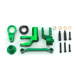Steering bellcranks, draglink (green-anodized 6061-T6 aluminum)/ bellcrank bushing (1)/ 3x20mm BCS (with threadlock) (2)/ 3x20mm BCS (with threadlock) (2)/ 3x20mm shoulder screws (with threadlock) (2)/ 3x15mm BCS (with threadlock) (1)/ 3x10mm CS (with thr