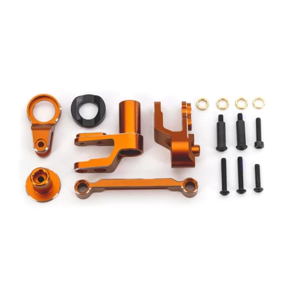 Steering bellcranks, draglink (orange-anodized 6061-T6 aluminum)/ bellcrank bushing (1)/ 3x20mm BCS (with threadlock) (2)/ 3x20mm BCS (with threadlock) (2)/ 3x20mm shoulder screws (with threadlock) (2)/ 3x15mm BCS (with threadlock) (1)/ 3x10mm CS (with th