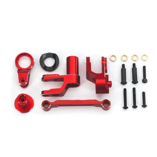 Steering bellcranks, draglink (red-anodized 6061-T6 aluminum)/ bellcrank bushing (1)/ 3x20mm BCS (with threadlock) (2)/ 3x20mm BCS (with threadlock) (2)/ 3x20mm shoulder screws (with threadlock) (2)/ 3x15mm BCS (with threadlock) (1)/ 3x10mm CS (with threa