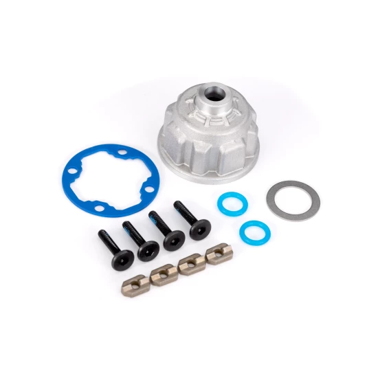Carrier, differential (aluminum)/ o-ring gaskets (2)/ ring gear gasket/ spacers (4)/ 12.2x18x0.5 MW/ 3x15mm flat-head machine screws (with threadlock) (4)