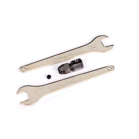 Motor coupler, collet style/ GS 4x3 (with threadlock) (1)/ Wrench, 10mm (2)