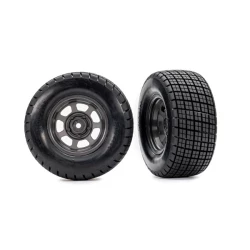 Banden & wielen, gemonteerd, gelijmd (dirt oval, grafiet grijze wielen, Hoosier banden, foam inserts) (2) (4WD voor/achter, 2WD achter alleen) 2 stuks