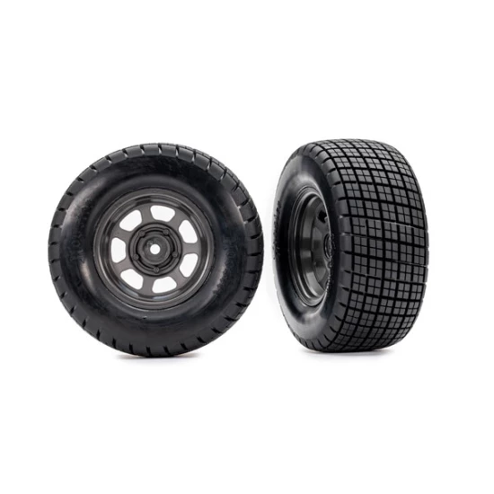 Banden & wielen, gemonteerd, gelijmd (dirt oval, grafiet grijze wielen, Hoosier banden, foam inserts) (2) (4WD voor/achter, 2WD achter alleen) 2 stuks