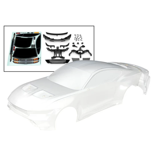 Body, Ford Mustang (clear, trimmed, requires painting)/ decal sheet (includes side mirrors, spoiler, grilles, vents, hardware, & clipless mounting)