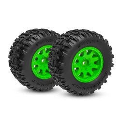 Banden en wielen, geassembleerd (groene wielen, dubbel profiel (2.1 buiten, 2.6 binnen), Sledgehammer-banden, schuiminserts) (voor) (2)