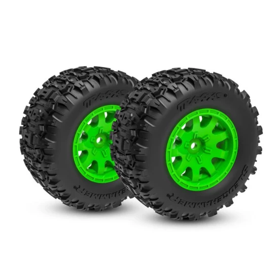 Banden en wielen, geassembleerd (groene wielen, dubbel profiel (2.1 buiten, 2.6 binnen), Sledgehammer-banden, schuiminserts) (voor) (2)