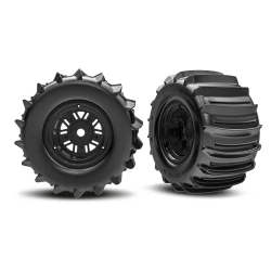 Tires & wheels, assembled, glued (Pro Scale Sand Car Race black wheels, belted paddle tires, dual profile (3.6