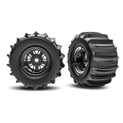 Tires & wheels, assembled, glued (Pro Scale Sand Car Race black chrome wheels, belted paddle tires, dual profile (3.6