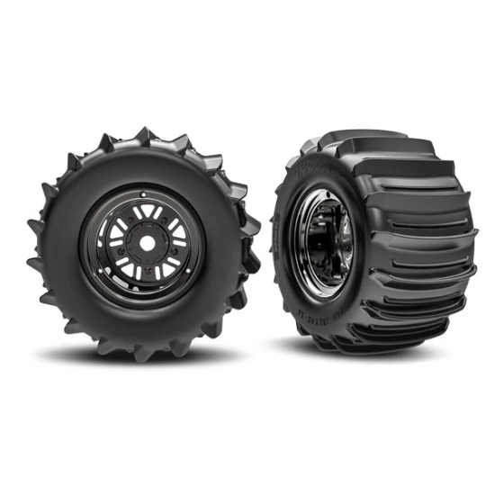 Tires & wheels, assembled, glued (Pro Scale Sand Car Race black chrome wheels, belted paddle tires, dual profile (3.6