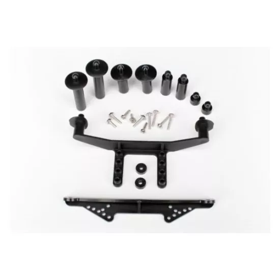 Body mount, front & rear (black)/ body posts, 38mm (2), 25mm