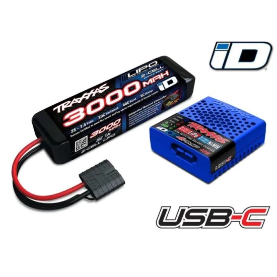 Battery/charger completer pack (includes #2985 USB-C NiMH/LiPo iD charger (1), #2827X 3000mAh 7.4V 2-cell 20C LiPo iD Battery