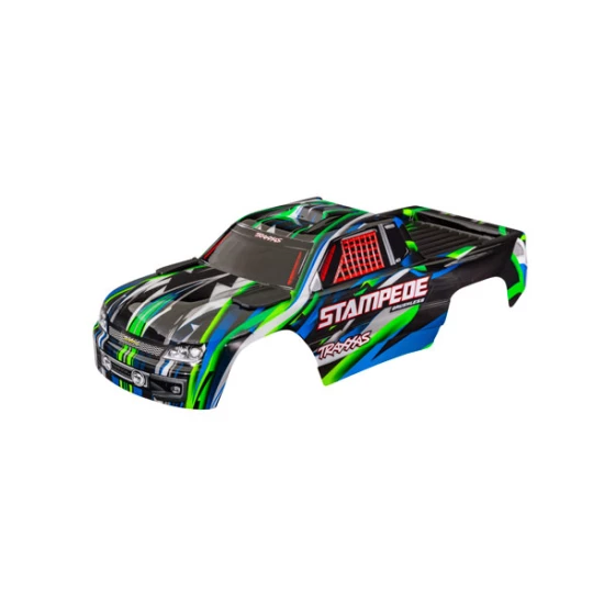 Body, Stampede  (also fits Stampede  VXL), green (painted, decals applied) (assembled with front & rear body mounts for clipless mounting)