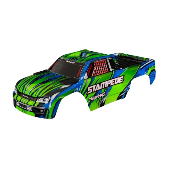 Body, Stampede (also fits Stampede VXL), green (painted, decals applied) (assembled with front & rear body mounts for clipless mounting)