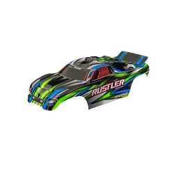 Body, Rustler  (also fits Rustler  VXL), green (painted, decals applied) (assembled with front & rear body mounts for clipless mounting)