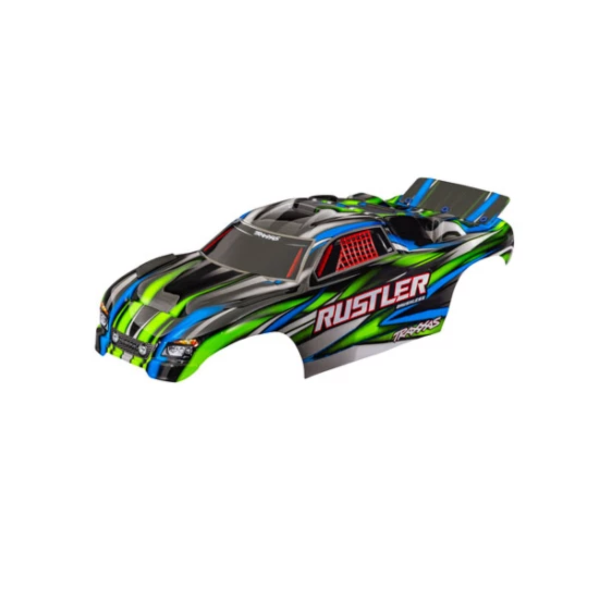 Body, Rustler  (also fits Rustler  VXL), green (painted, decals applied) (assembled with front & rear body mounts for clipless mounting)