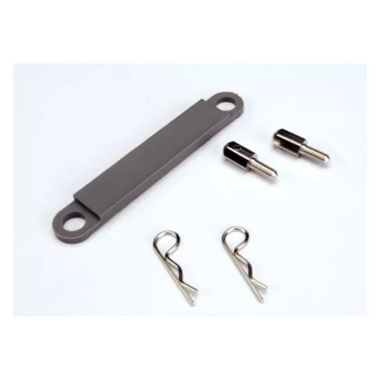 Battery hold-down plate (grey) / metal posts (2) / body clip, TRX3727A