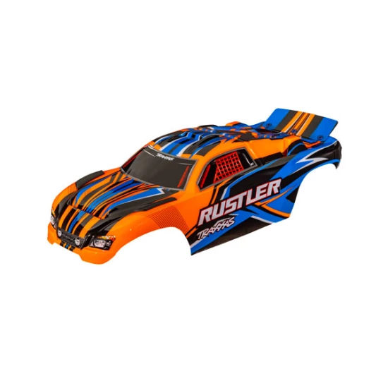 Body, Rustler  (also fits Rustler  VXL), orange (painted, decals applied) (assembled with front & rear body mounts for clipless mounting)