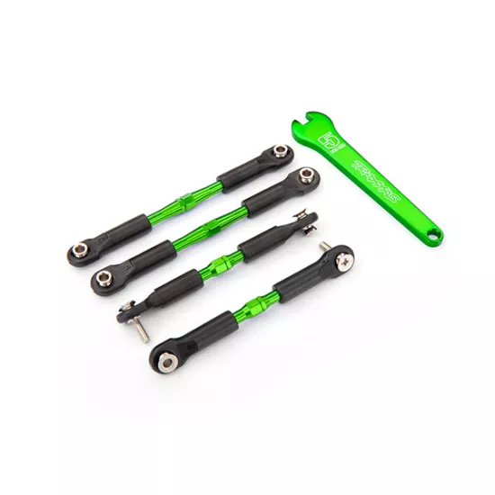 Turnbuckles, aluminum (green-anodized), camber links, front, 39mm (2), rear, 49mm (2) (assembled w/rod ends & hollow balls)/ wrench