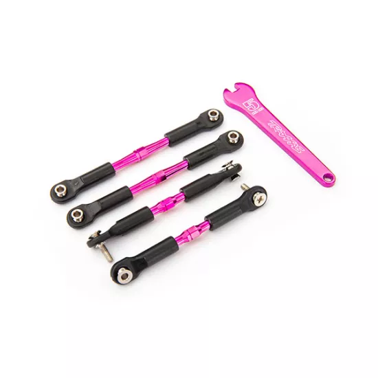 Turnbuckles, aluminum (pink-anodized), camber links, front, 39mm (2), rear, 49mm (2) (assembled w/rod ends & hollow balls)/ wrench