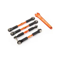 Turnbuckles, aluminum (orange-anodized), camber links, front, 39mm (2), rear, 49mm (2) (assembled w/rod ends & hollow balls)/ wrench
