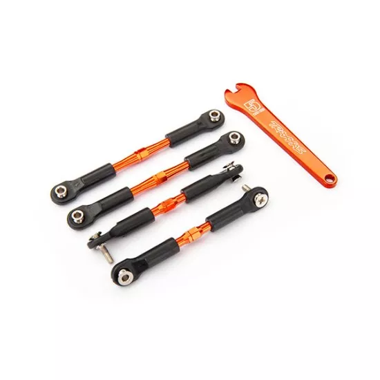 Turnbuckles, aluminum (orange-anodized), camber links, front, 39mm (2), rear, 49mm (2) (assembled w/rod ends & hollow balls)/ wrench