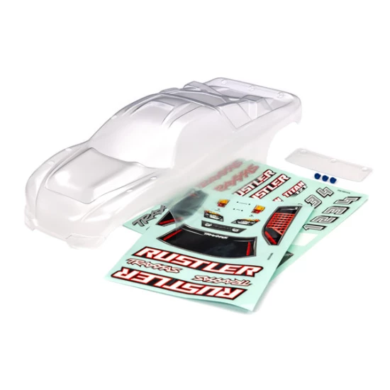 Body, Rustler  (also fits Rustler  VXL) (clear, requires painting)/ window, lights decal sheet/ wing and aluminum hardware (for clipless mounting)