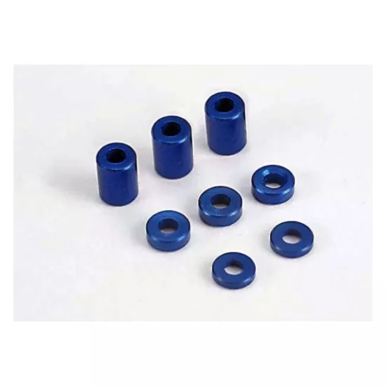 Blue-anodized, aluminum spacers (3x6x8mm) (3)/ (3x6x1.5mm) (