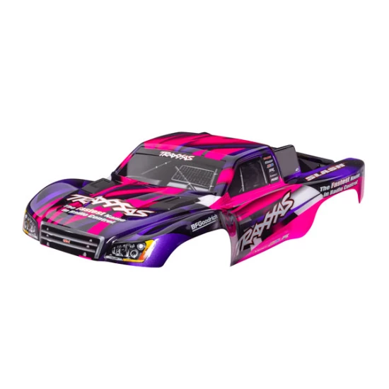 Body, Slash 2WD (also fits Slash VXL & Slash 4X4), pink & purple (painted, decals applied) (assembled with front & rear latches for clipless mounting)