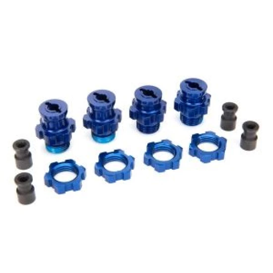 Wheel hubs, splined, 17mm, short (2), long (2) (blue-anodized) / wheel nuts, splined, 17mm (blue-anodized) (4)/ hub retainer M4 X 0.7 (4)/ axle pin (4) (Slash 2WD)