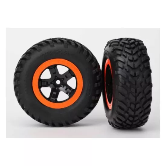 Tire & wheel assy, glued (SCT black, orange beadlock wheels,, TRX5864