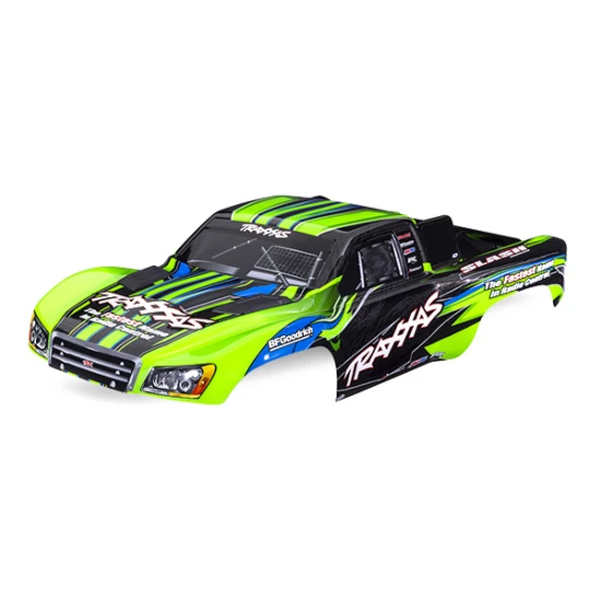 Body, Slash 2WD (also fits Slash VXL & Slash 4X4), green (painted, decals applied) (assembled with front & rear latches for clipless mounting)