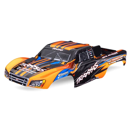 Body, Slash 2WD (also fits Slash VXL & Slash 4X4), orange (painted, decals applied) (assembled with front & rear latches for clipless mounting)