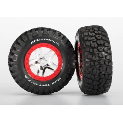Paar banden op velgen, gelijmd (SCT Split-Spoke chroom, rode beadlock-stijl wiel, BFGoodrich Mud-Terrain T/A KM2 band, inserts) (2) (voor/achter)