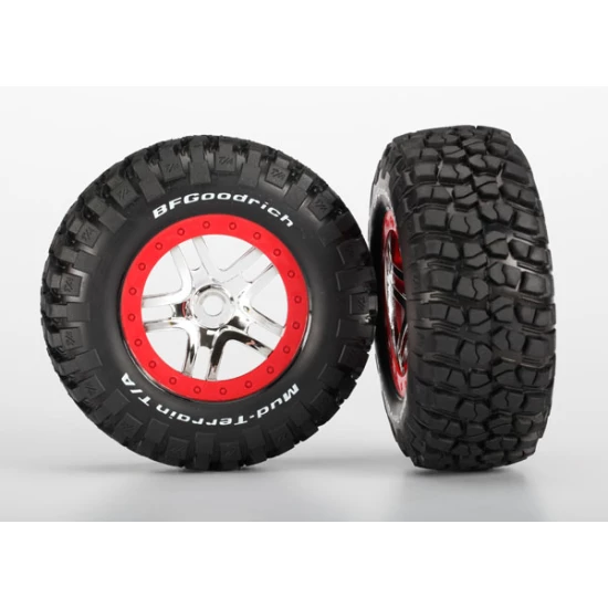 Paar banden op velgen, gelijmd (SCT Split-Spoke chroom, rode beadlock-stijl wiel, BFGoodrich Mud-Terrain T/A KM2 band, inserts) (2) (voor/achter)