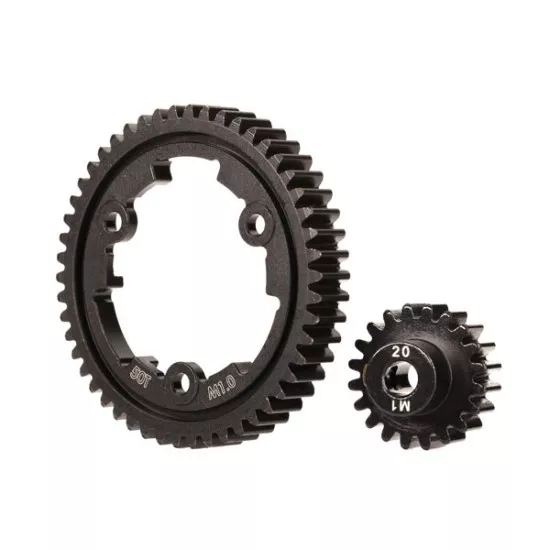 Spur gear, 50-tooth, steel (wide-face)/ gear, 20-T pinion (1.0 metric pitch) (fits 5mm shaft)/ set screw