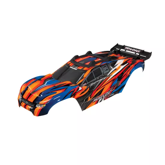 Body, Rustler 4X4 VXL, orange/ window, grille, lights decal sheet (assembled with front & rear body mounts and rear body support for clipless mounting)