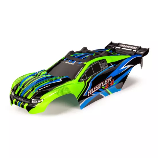 Body, Rustler 4X4, green & blue/ window, grille, lights decal sheet (assembled with front & rear body mounts and rear body support for clipless mounting)