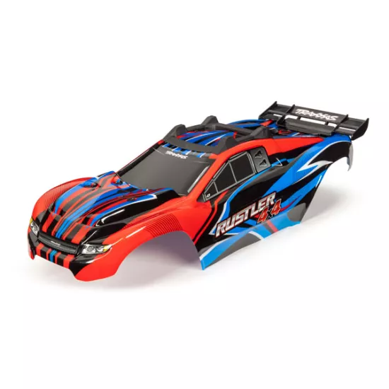 Body, Rustler 4X4, red & blue/ window, grille, lights decal sheet (assembled with front & rear body mounts and rear body support for clipless mounting)