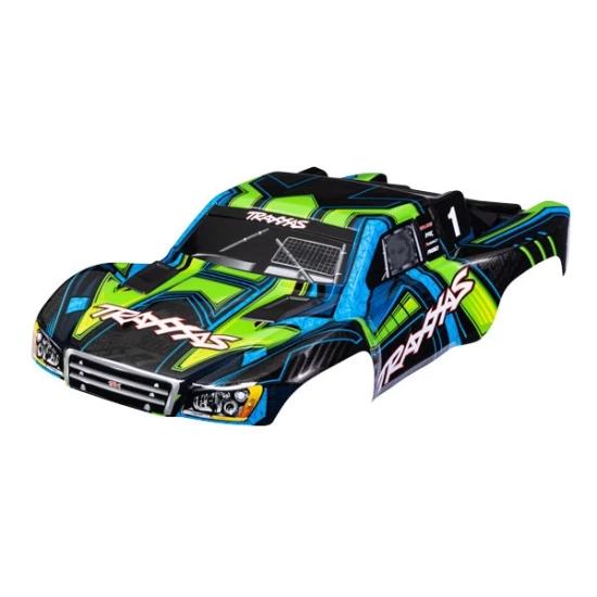 Body, Slash 4X4 (also fits Slash VXL & Slash 2WD), green and blue (painted, decals applied) (assembled with front & rear latches for clipless mounting)