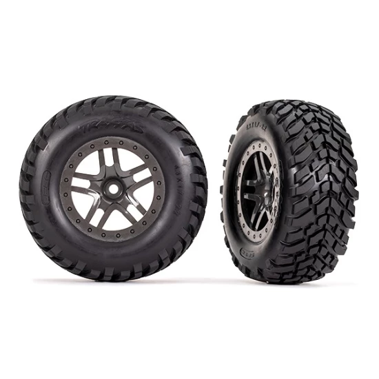 Tires & wheels, assembled, glued (SCT Split-Spoke gray beadlock style wheels, SCT off-road racing tires, foam inserts) (2) (4WD f/r, 2WD rear) (TSM rated)