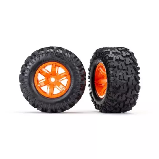 Tires & wheels, assembled, glued (X-Maxx orange wheels, Maxx AT tires, foam inse, TRX7772T
